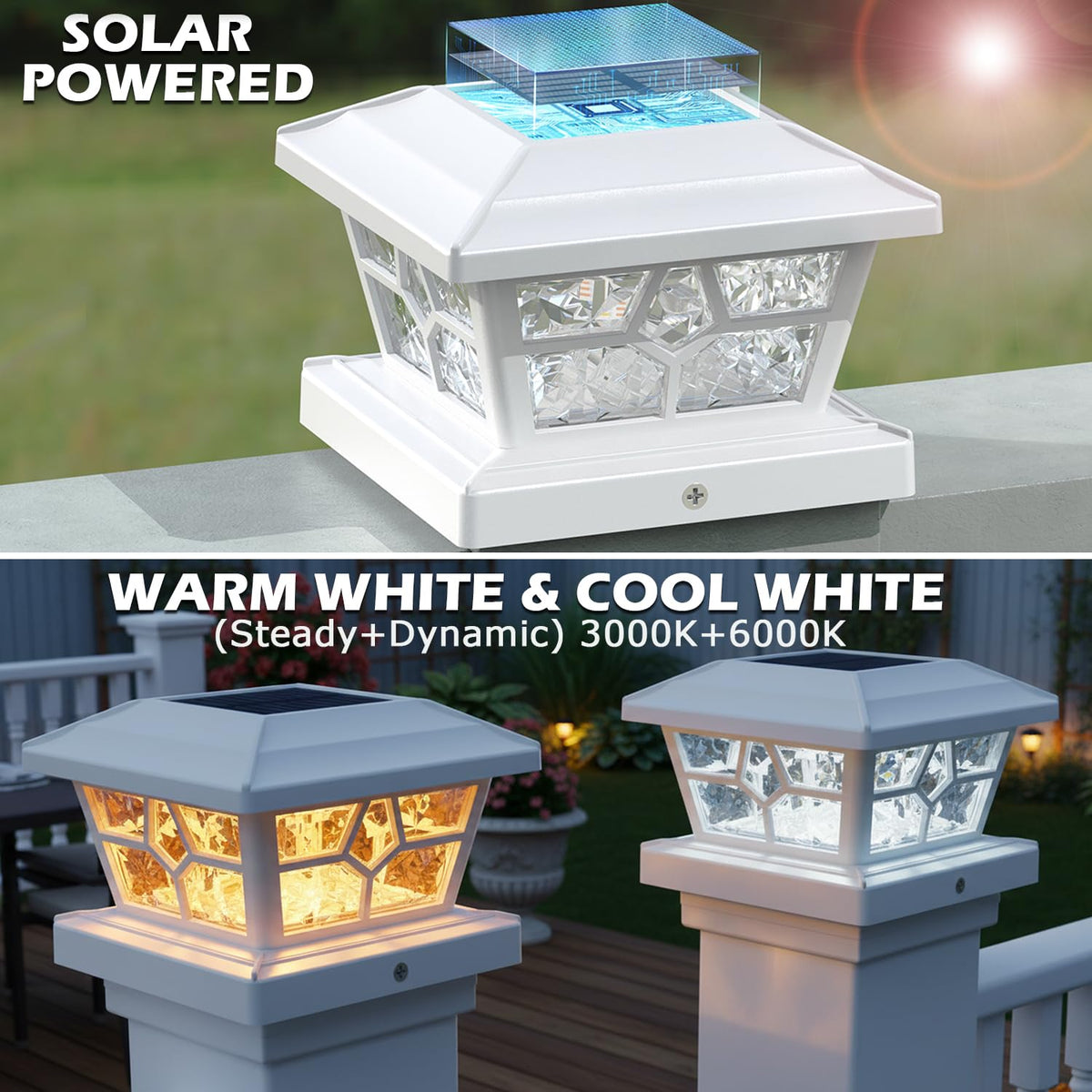 SIEDiNLAR solar post lights offer four modes including cool or warm white and dynamic rotation.