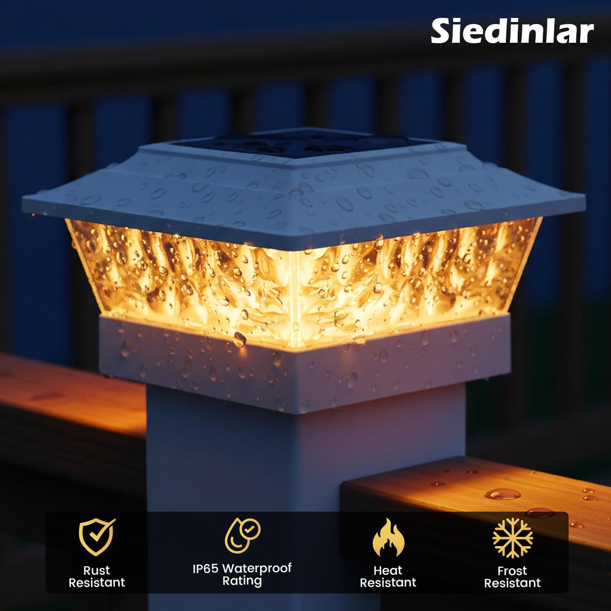 SIEDiNLAR solar post lights create ambient patterns for decks and patios.