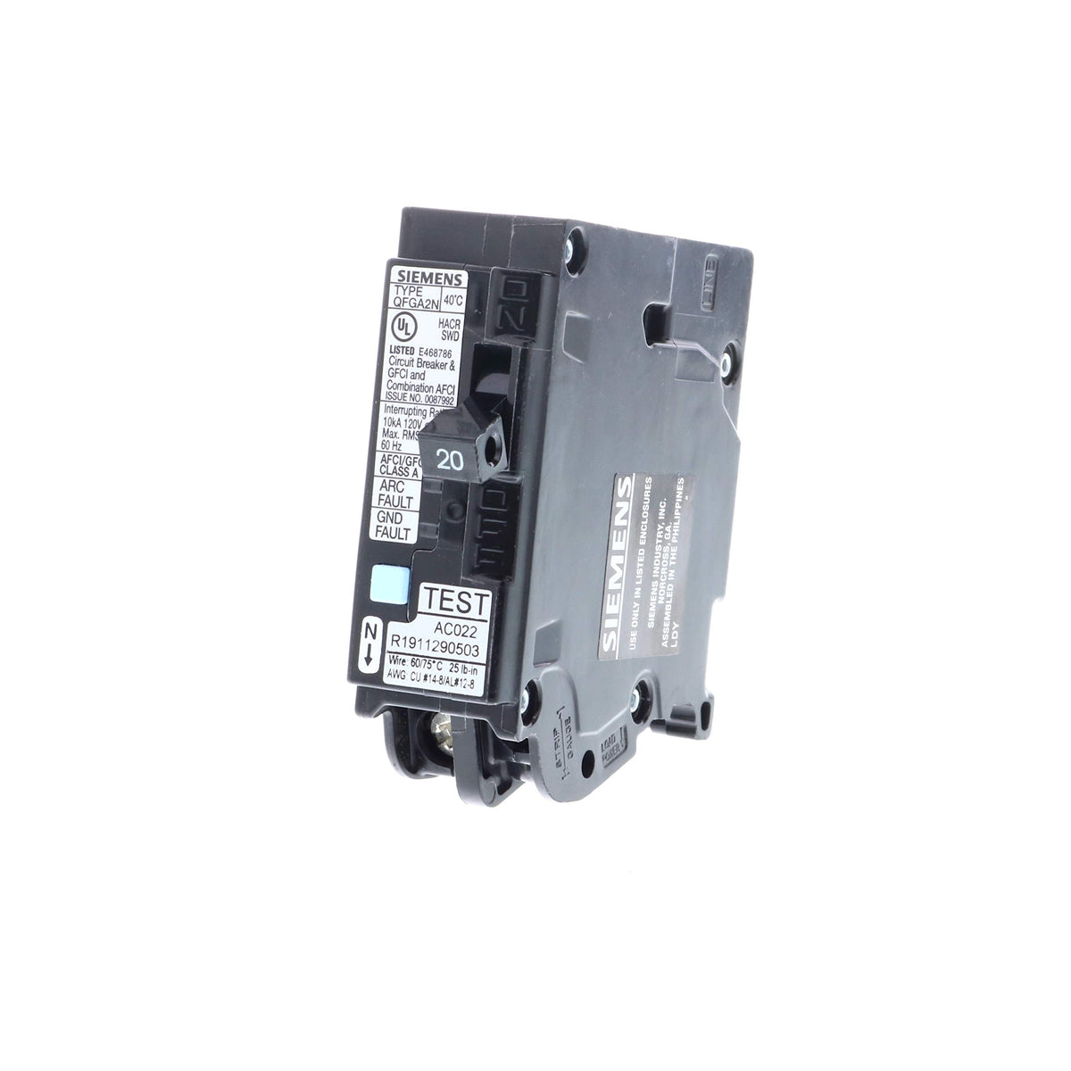 Siemens 20A plug-on-neutral breaker front view with compact design for easy installation