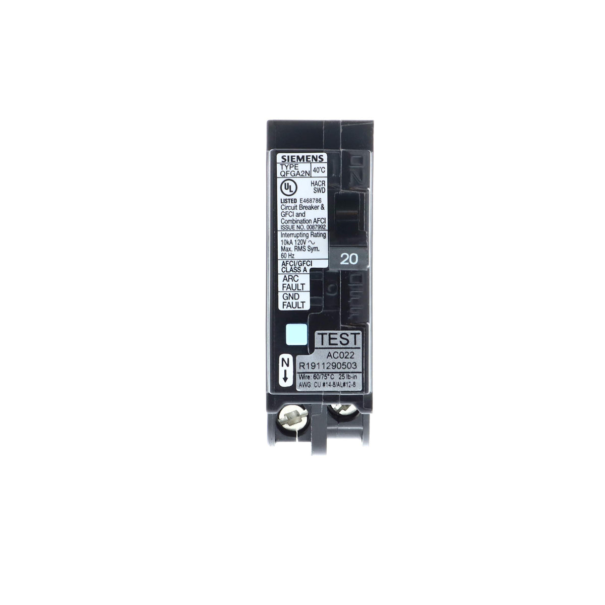 Siemens 20A plug-on-neutral breaker wiring side view showing simple connections