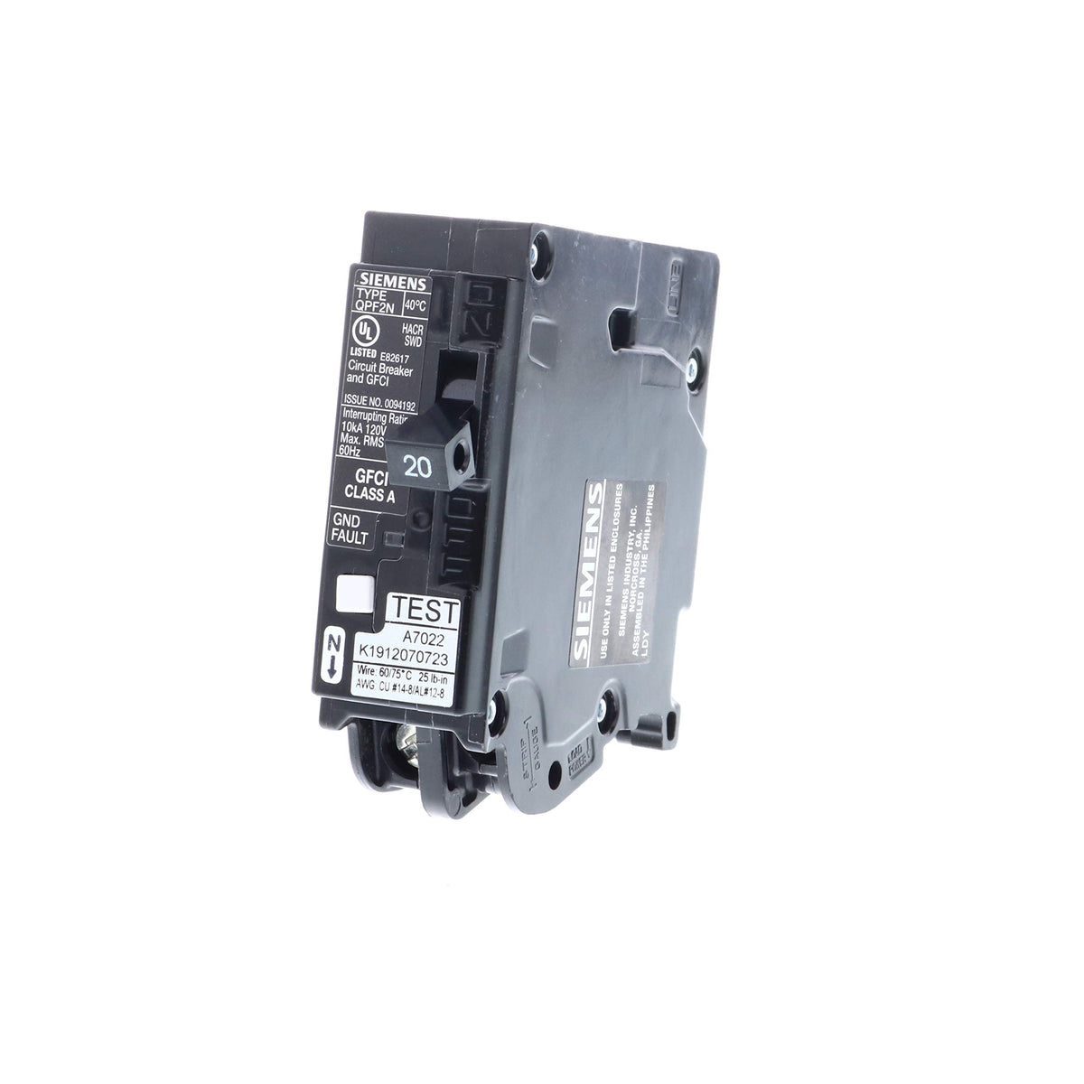 Siemens 20A 1-pole GFCI plug-on-neutral breaker front view for safety