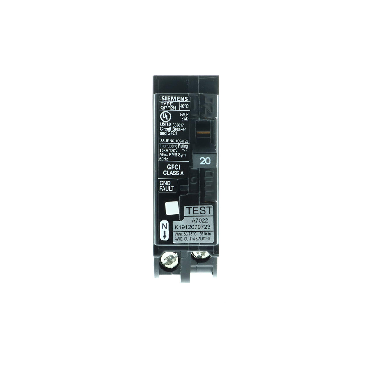 Siemens GFCI breaker during installation showing plug-on-neutral wiring
