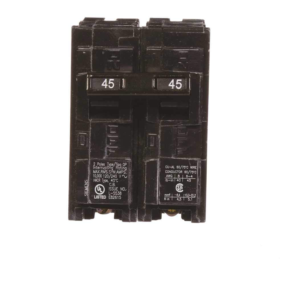 Siemens HIQ245 45A double-pole breaker front view offering reliable 240V protection.