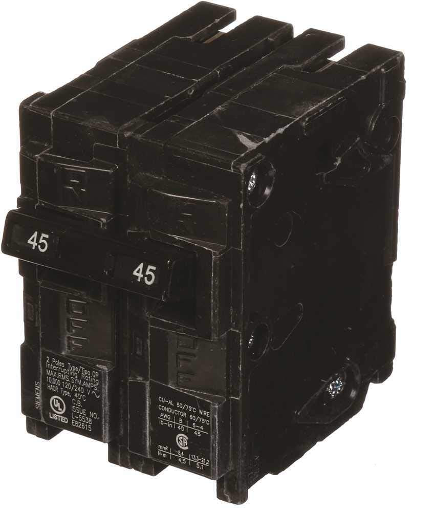 Siemens HIQ245 45A DP breaker side view highlights compact plug-in design.