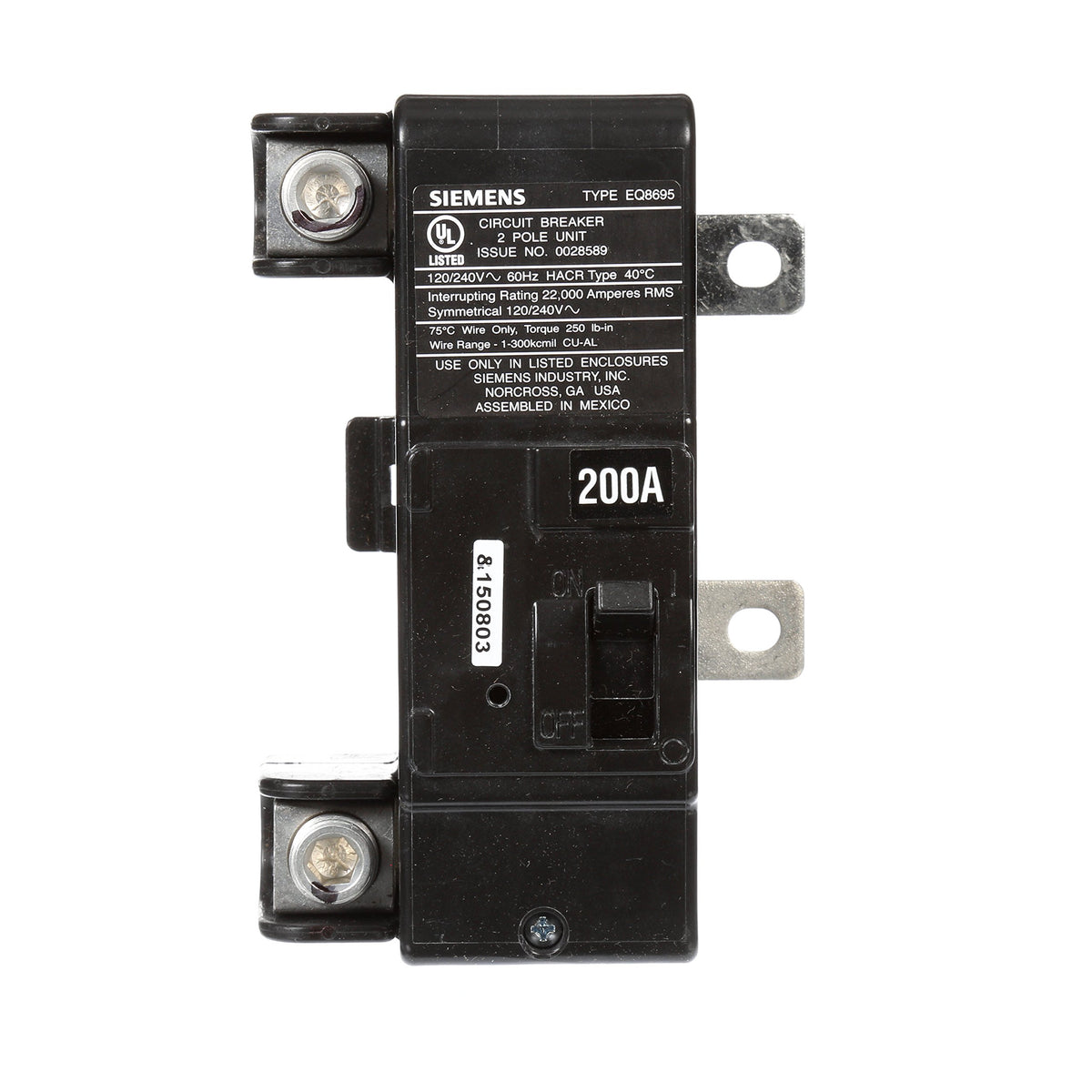 Siemens MBK200A bolt-on design close-up highlighting 200-amp capacity.
