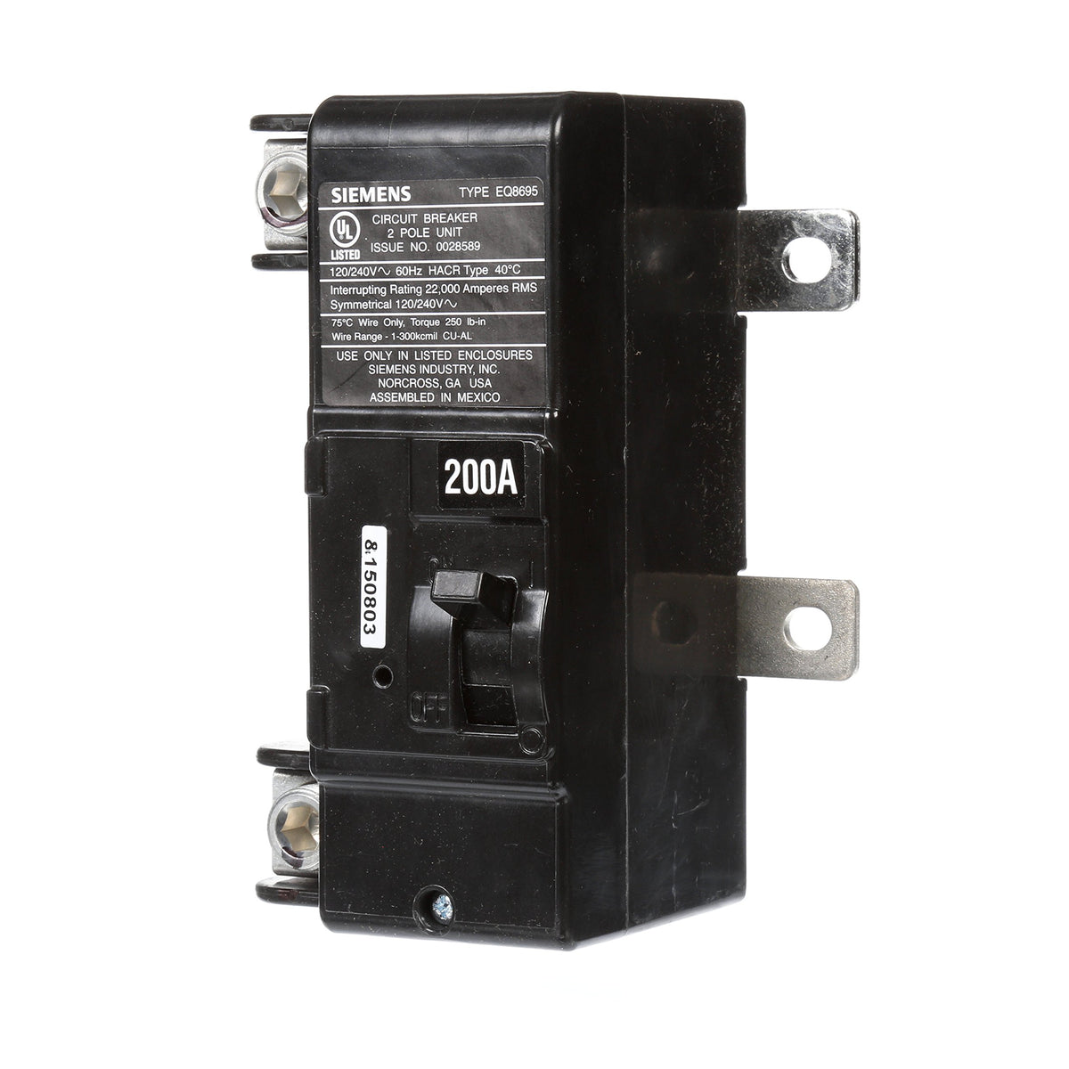 Siemens MBK200A main breaker kit front view showing bolt-on design for Ultimate load centers.