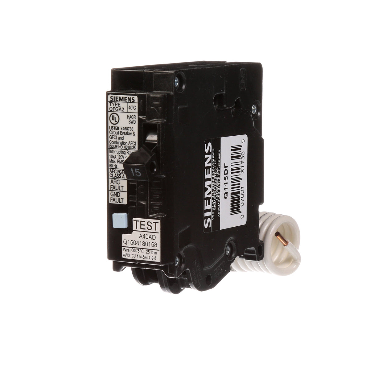 Siemens Q115DF front view shows a compact dual-function breaker for load centers