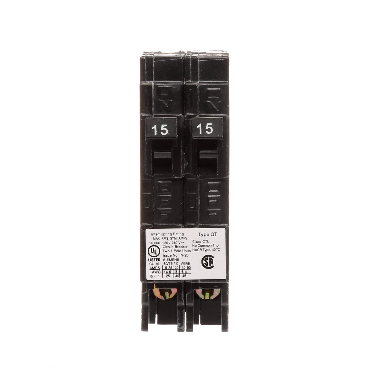 Siemens Q1515 duplex breaker side view highlighting space-saving design.