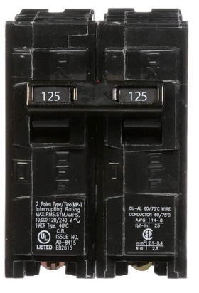 Siemens Q2125 125A 2-pole 240V breaker front view for secure power protection.