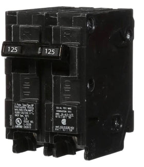 Siemens Q2125 125A 2-pole 240V breaker side profile highlights trip mechanism.