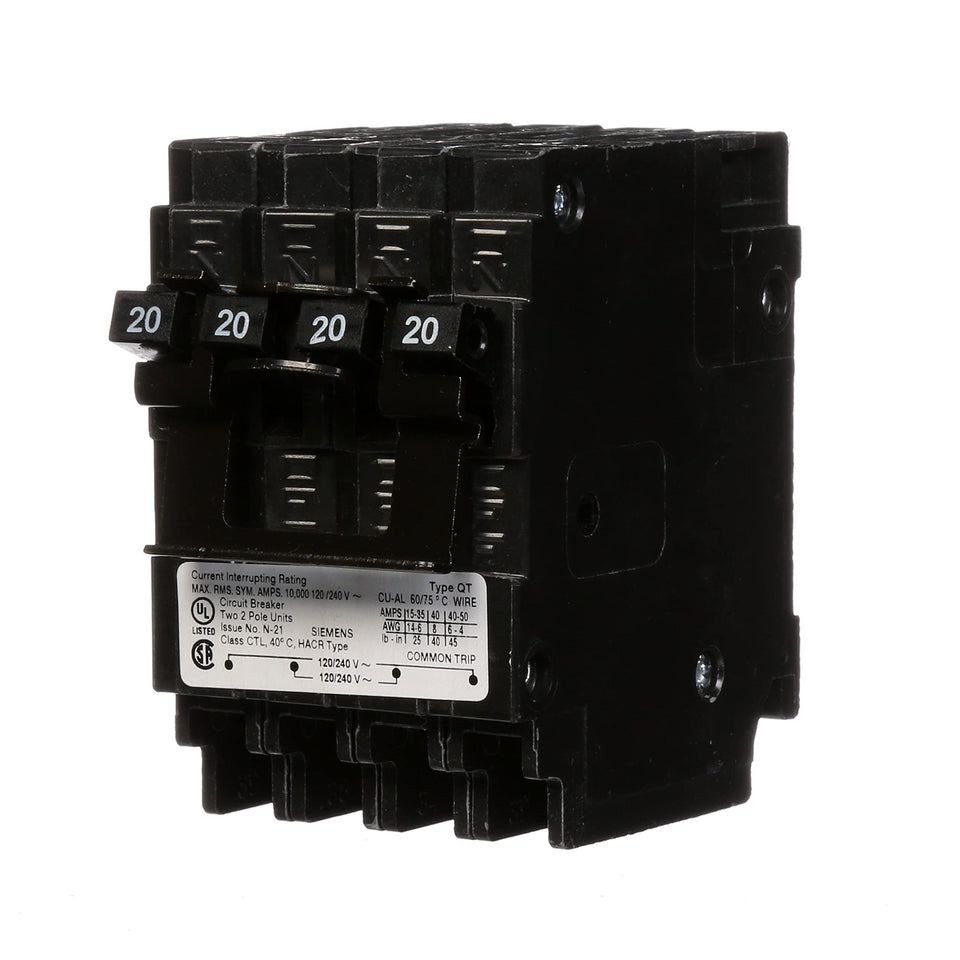 Siemens Q22020CT2 front view shows compact, plug-in design for space-saving panels.