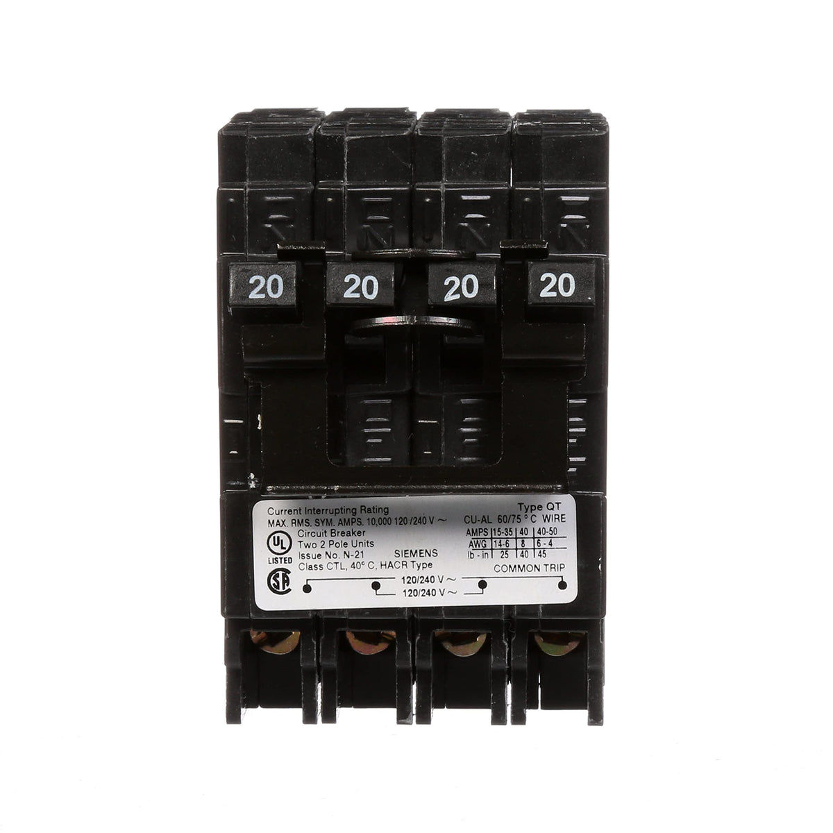 Siemens Q22020CT2 two 20-amp double-pole offers reliable protection for circuits.