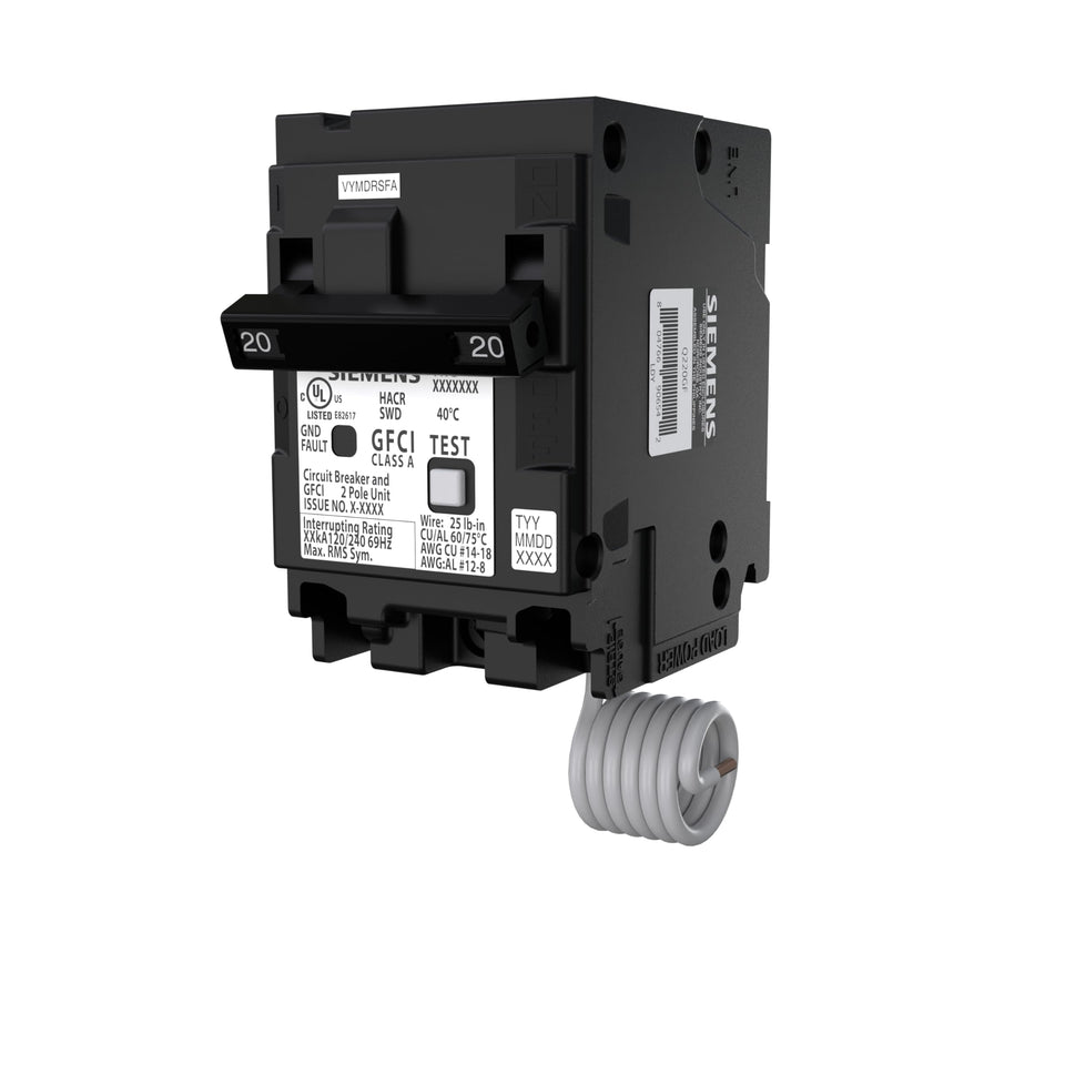 Siemens Q220GF GFCI breaker protects wet-area 120/240V circuits.
