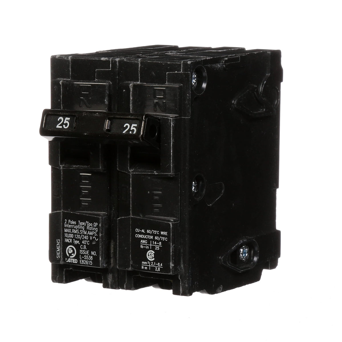 Siemens Q225 25A double-pole front view with plug-in design for fast installation