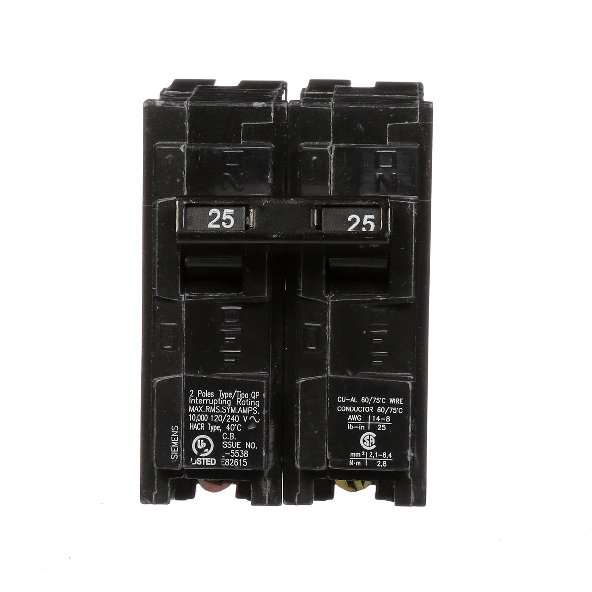 Siemens Q225 25A DP breaker in enclosure demonstrating reliable 240V protection