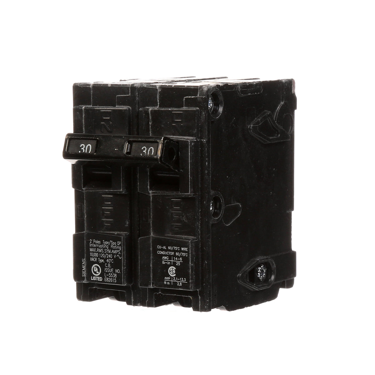 Siemens Q230 30A double-pole breaker with plug-in connection and label visibility