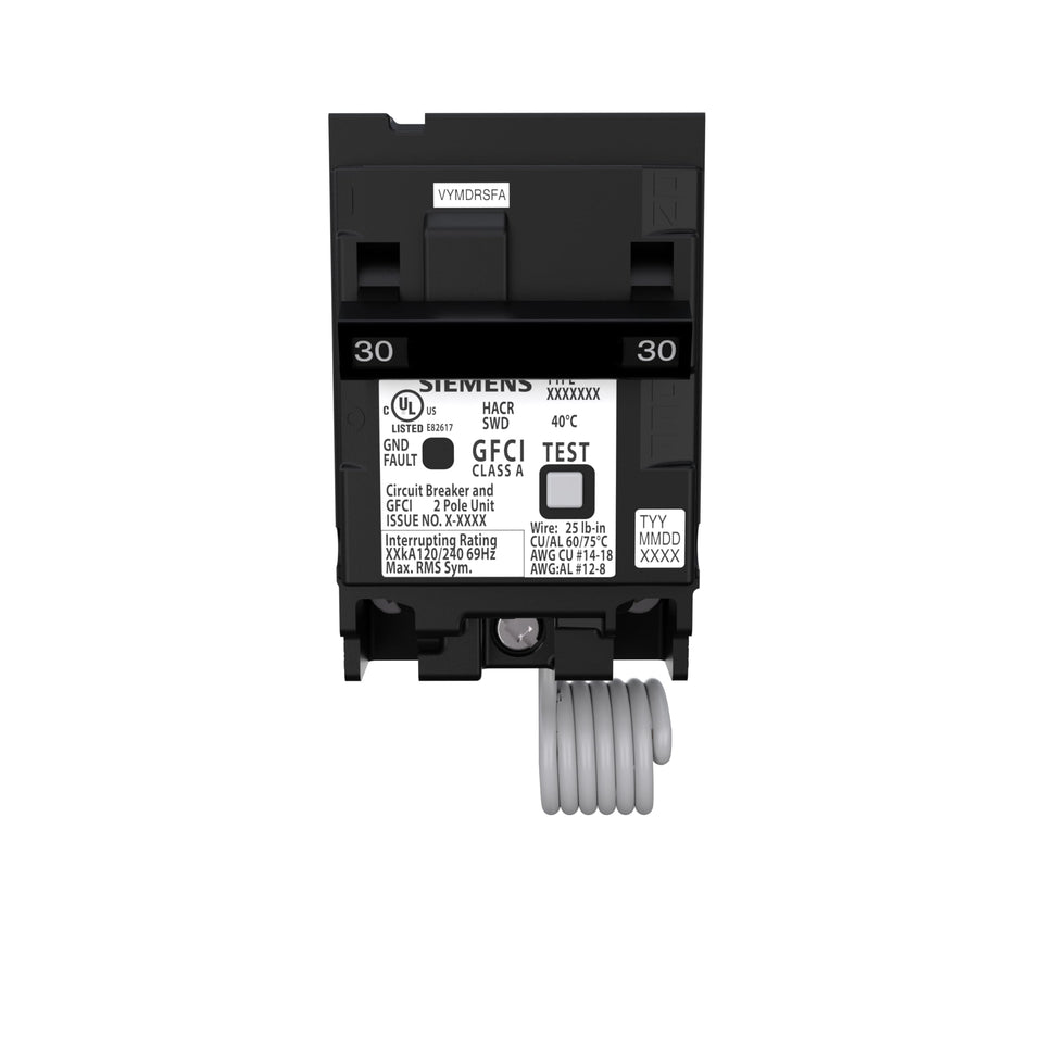 Siemens Q230GF 2-Pole GFCI breaker with LED trip indicator for wet-location protection