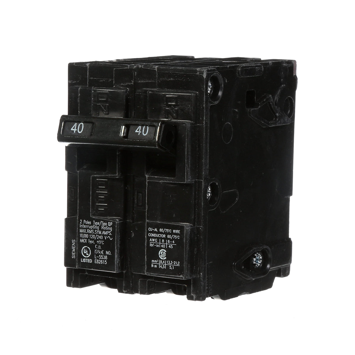 Siemens Q240 40-Amp double-pole QP breaker installed in a panel for overload protection.