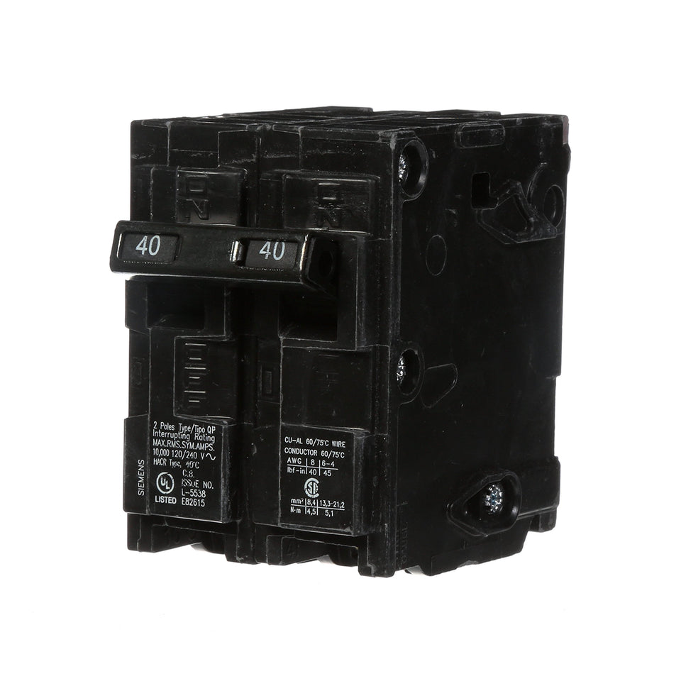 Siemens Q240 40-Amp double-pole QP breaker installed in a panel for overload protection.
