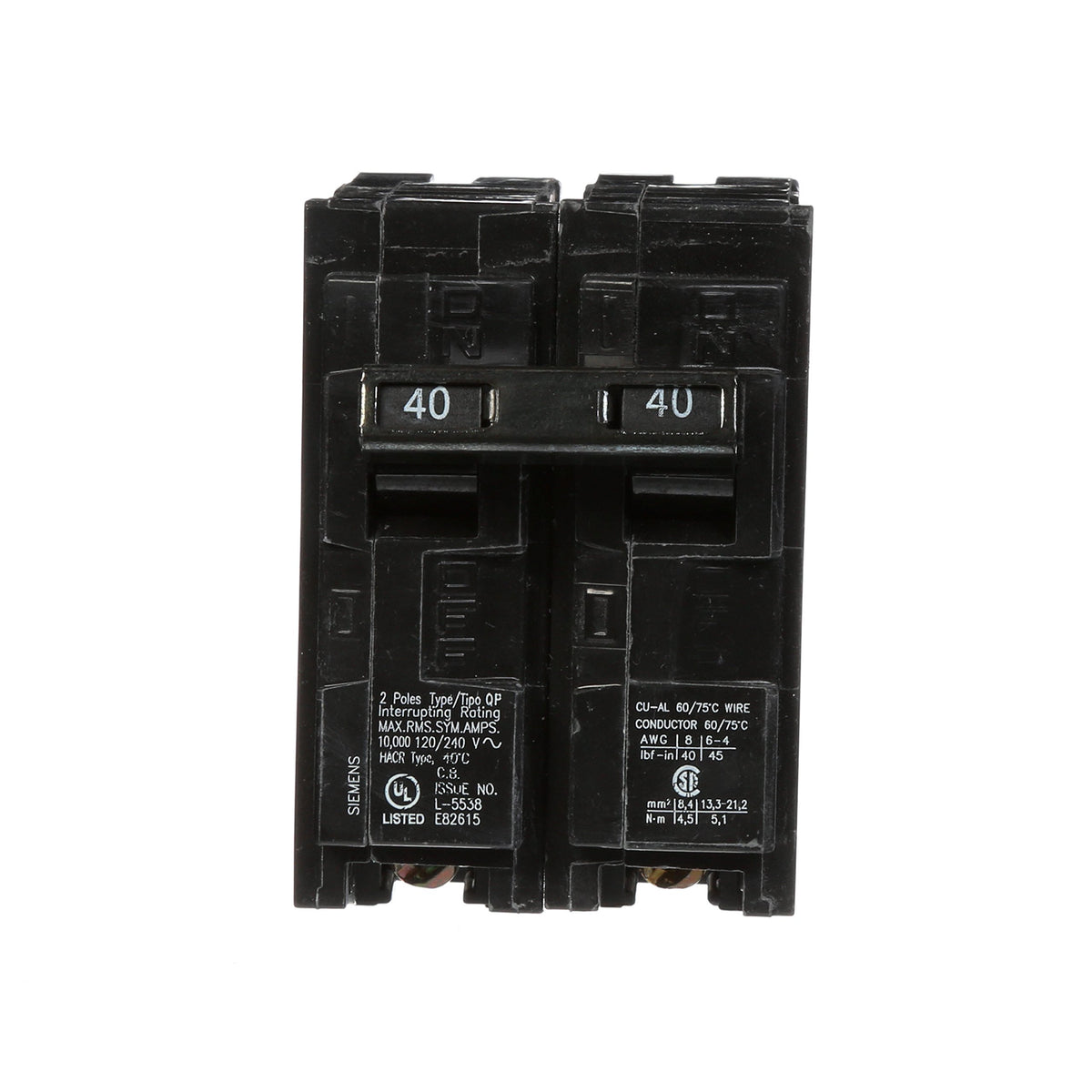 Close-up of Siemens QP breaker showing plug-in connection in a load center.