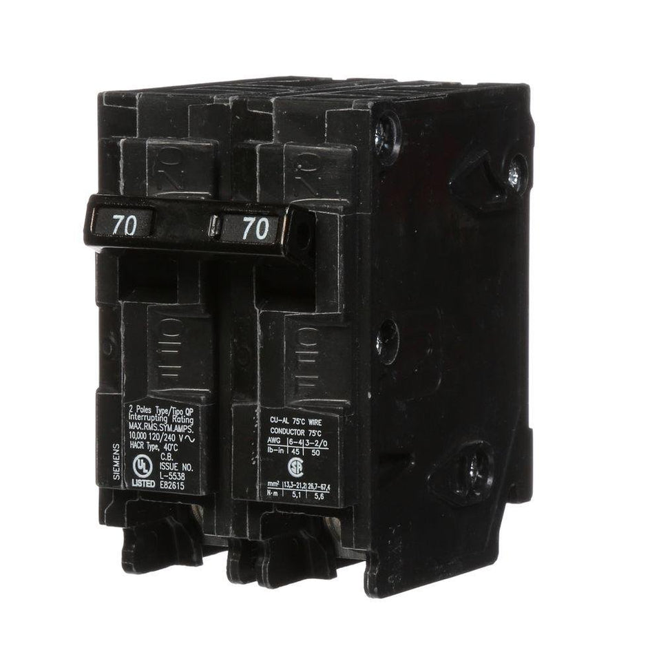 Siemens Q270 70A double-pole breaker close-up highlighting plug-in design.