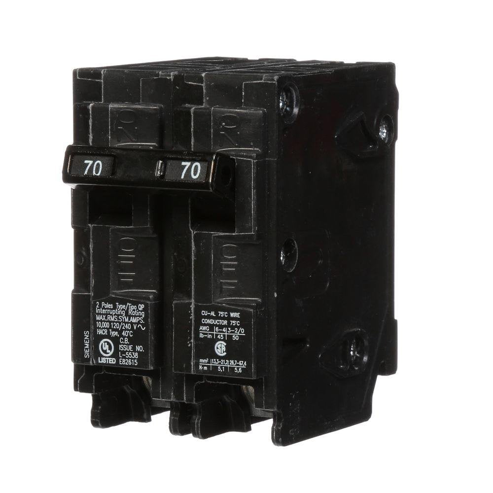 Siemens Q270 70A breaker plug-in connection ready for quick installation.