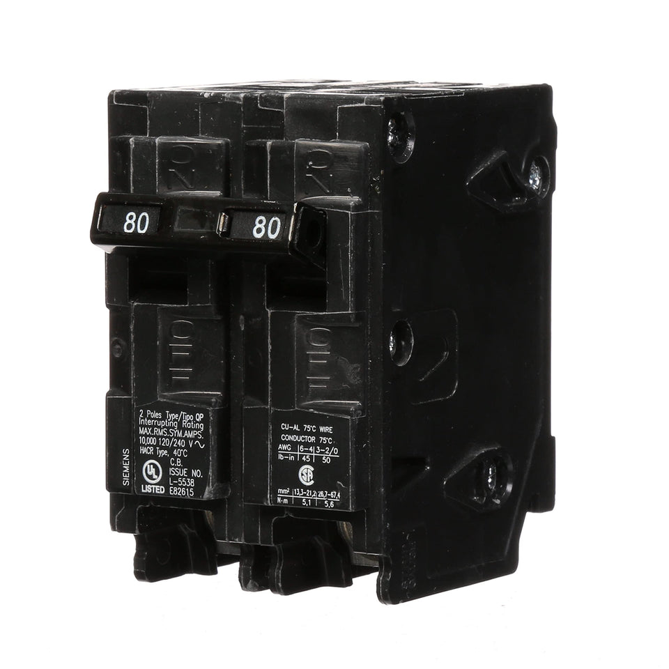 Siemens Q280 front view shows 80-Amp double-pole design for 240V protection.