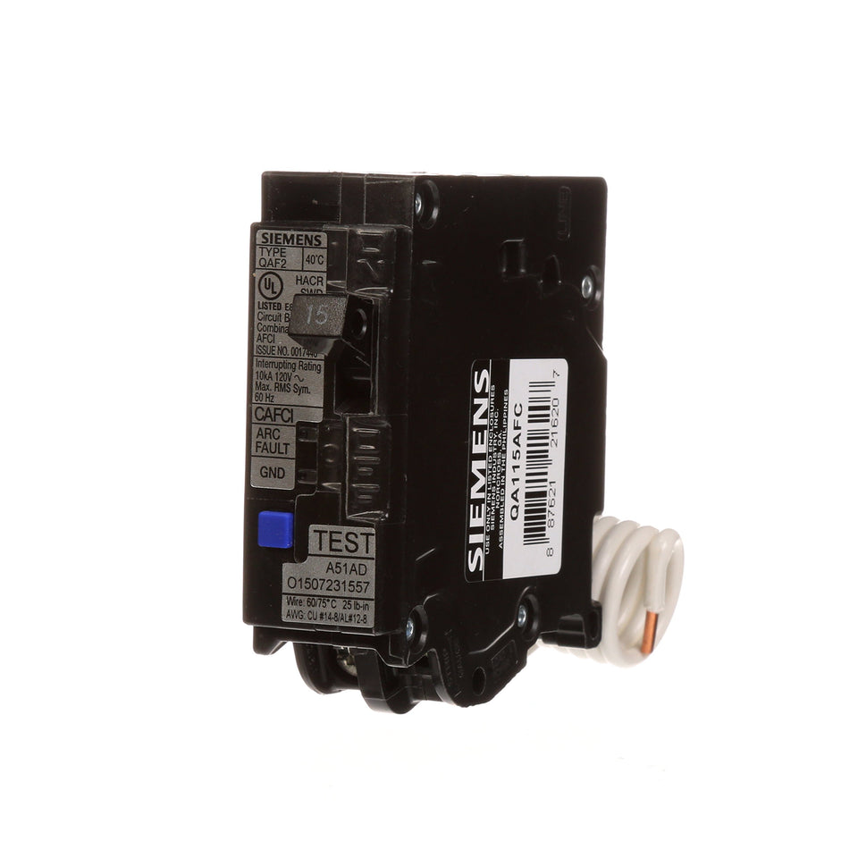 Siemens QA115AFC 15-Amp breaker front view highlighting AFCI protection.