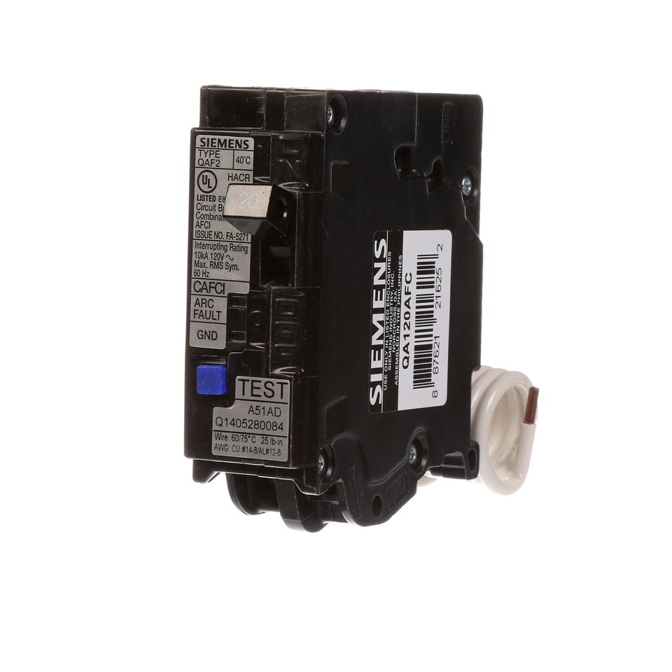 Siemens QA120AFC front view showing compact single-pole design for panels