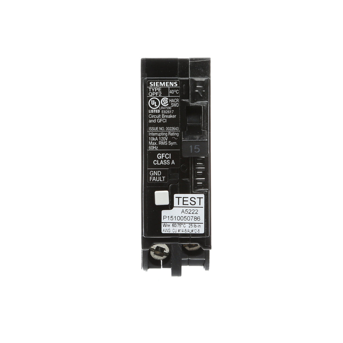 Siemens QF115A side view; self-test lockout helps prevent incorrect resets.