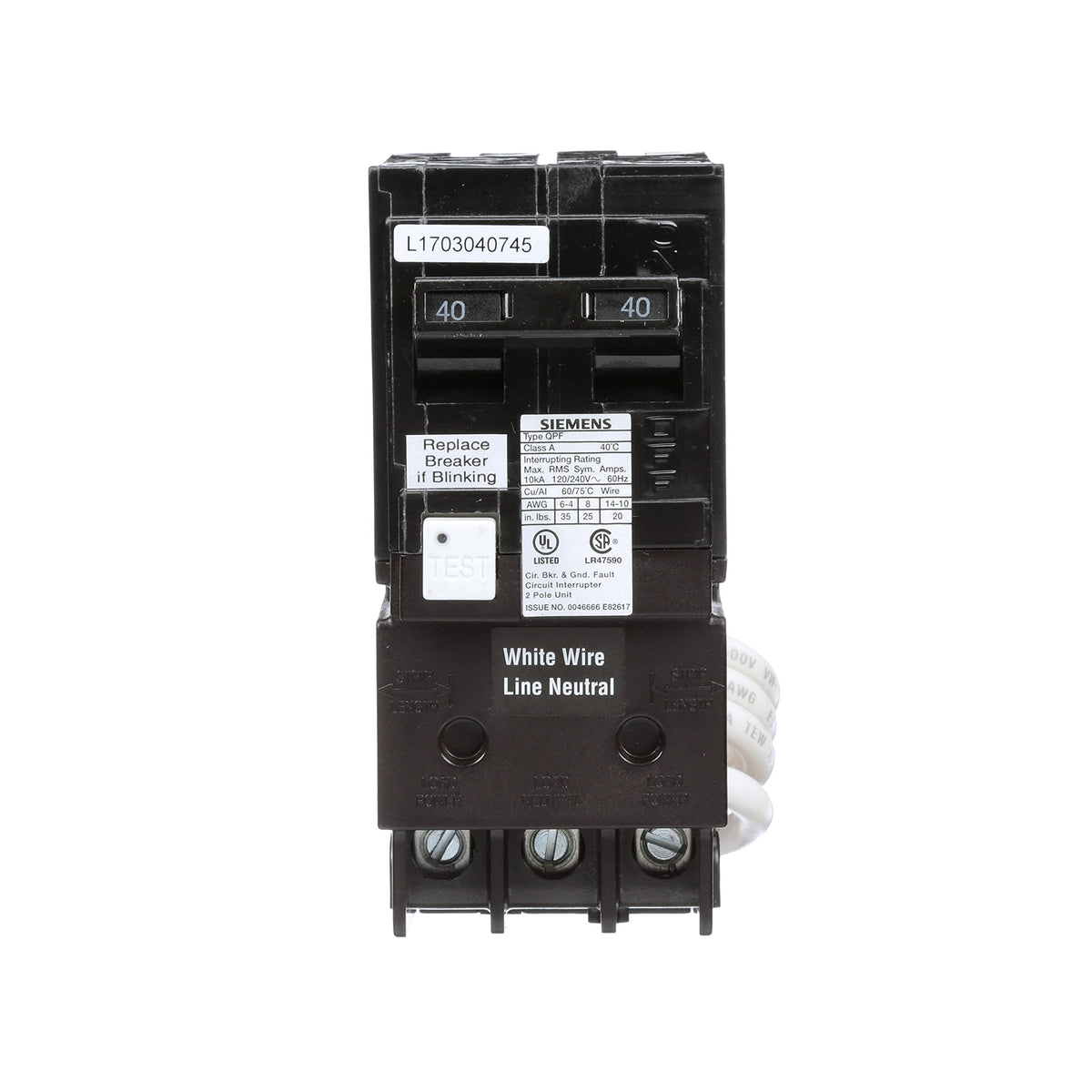 Siemens QF240A self-test indicator demonstrates ongoing safety with automatic checks.