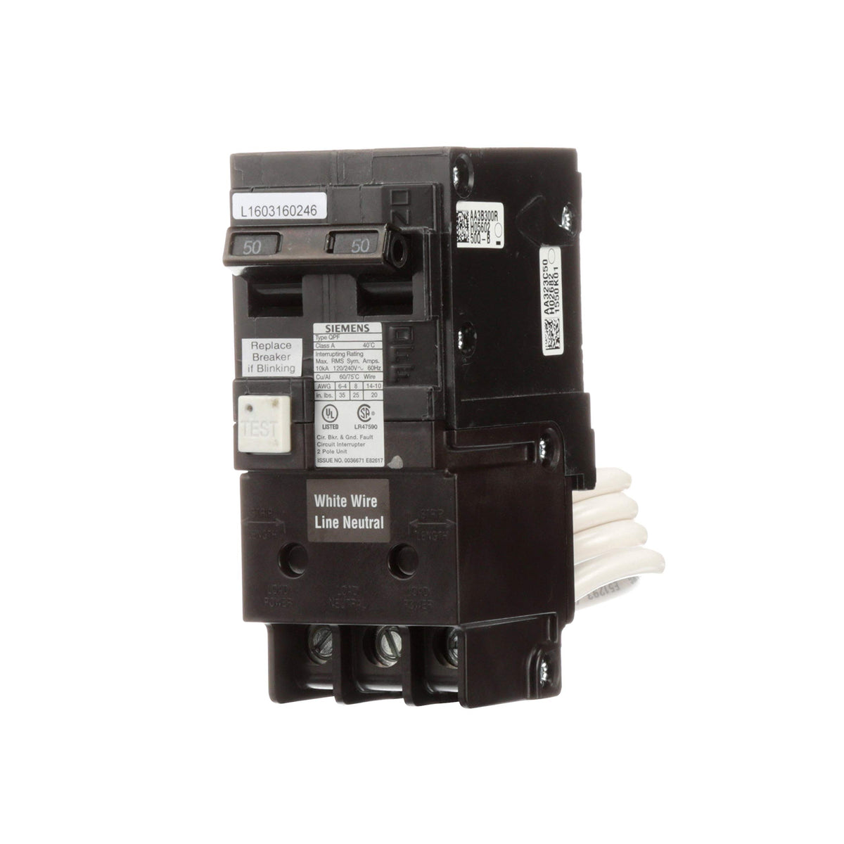 Siemens QF250A breaker, front view, showing 2-pole design for reliable 50A GFCI protection.