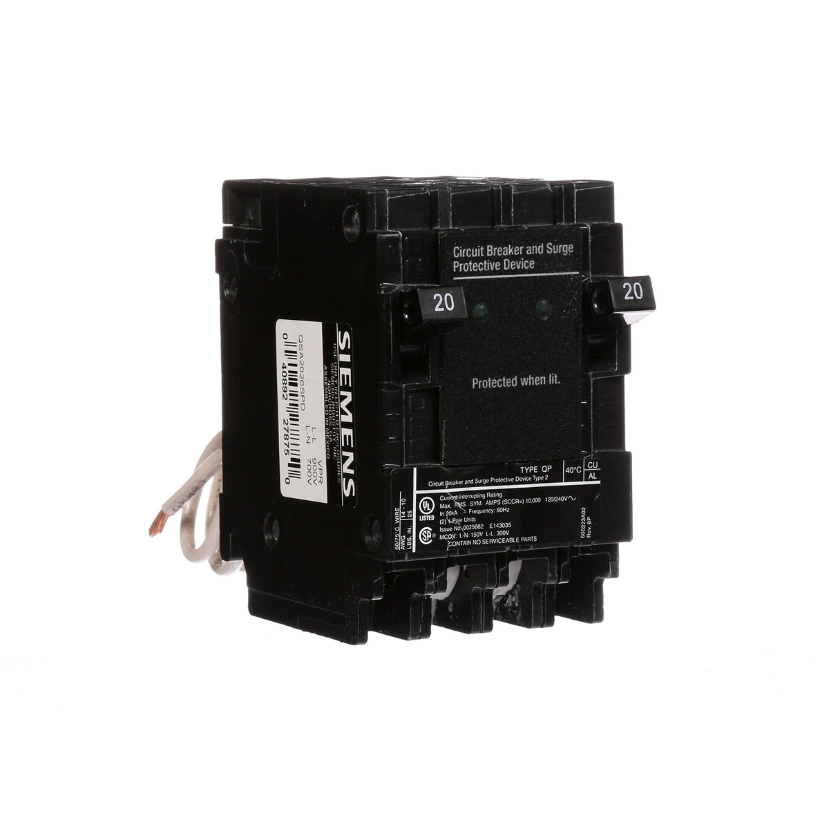 Siemens QSA2020SPD LED indicators display protection status at a glance.