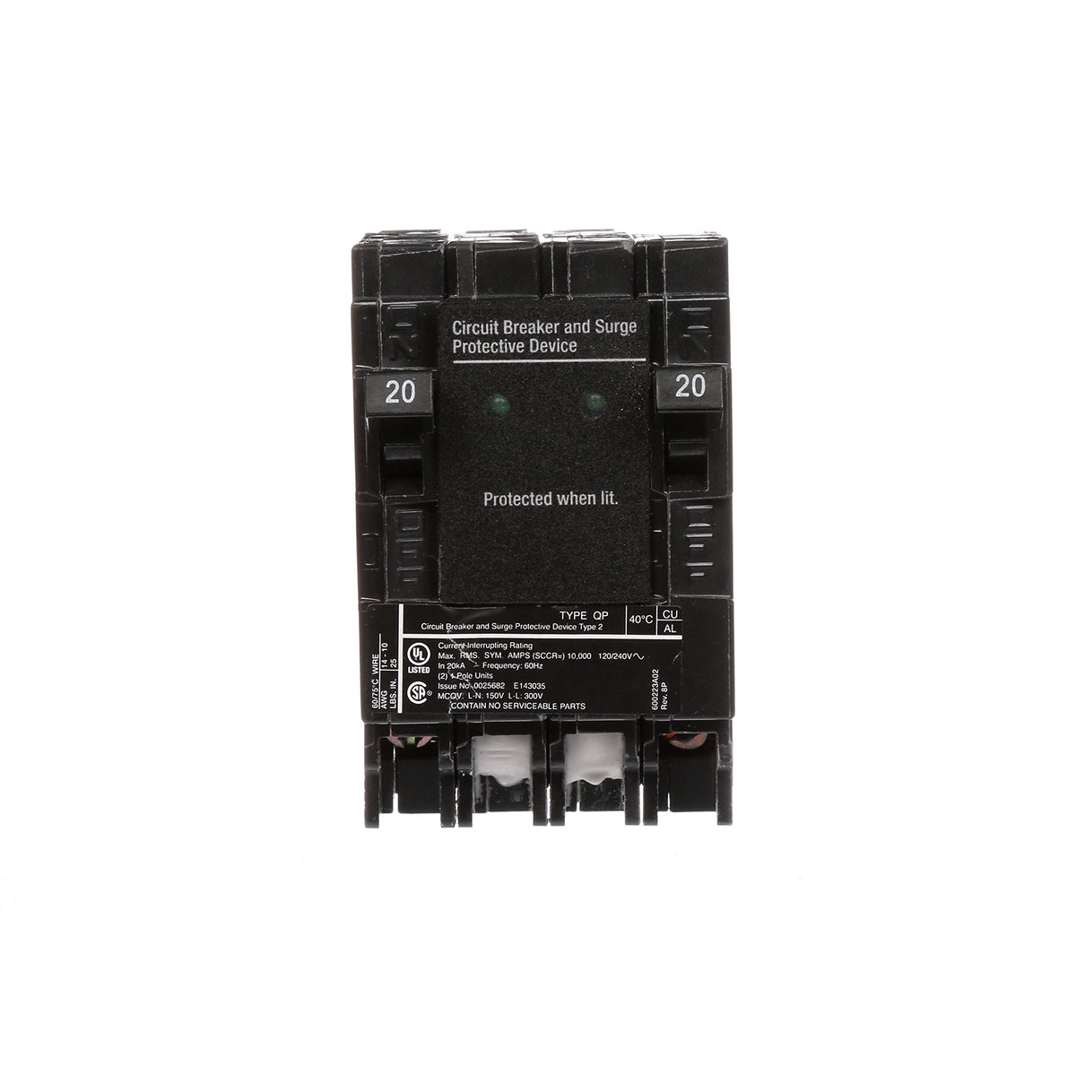 Siemens QSA2020SPD space-saving design illustrating two included breakers.