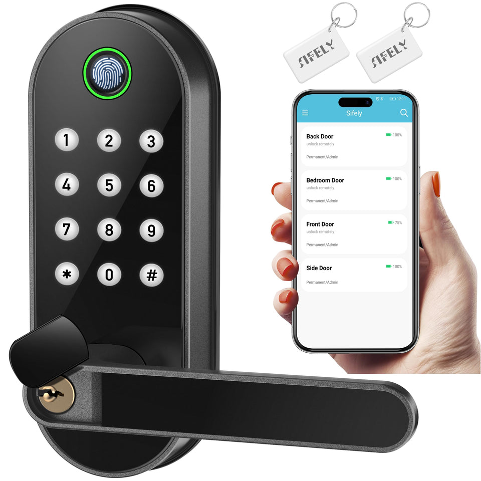 Sifely fingerprint lock on the front door handle enables quick, secure access.