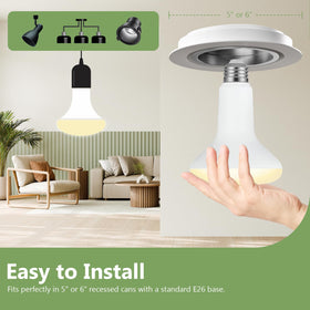 E26-base BR30 bulb shown in recessed can for even, wide-angle coverage