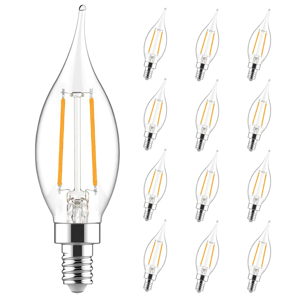 Sigalux E12 candle bulb with clear glass and exposed filament for cozy chandeliers.
