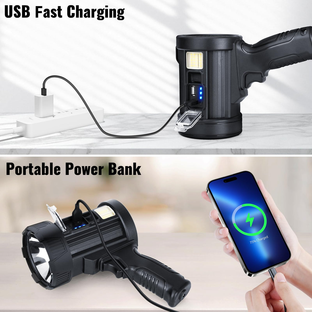 Sigoobal rechargeable spotlight battery compartment close-up for long runtime.