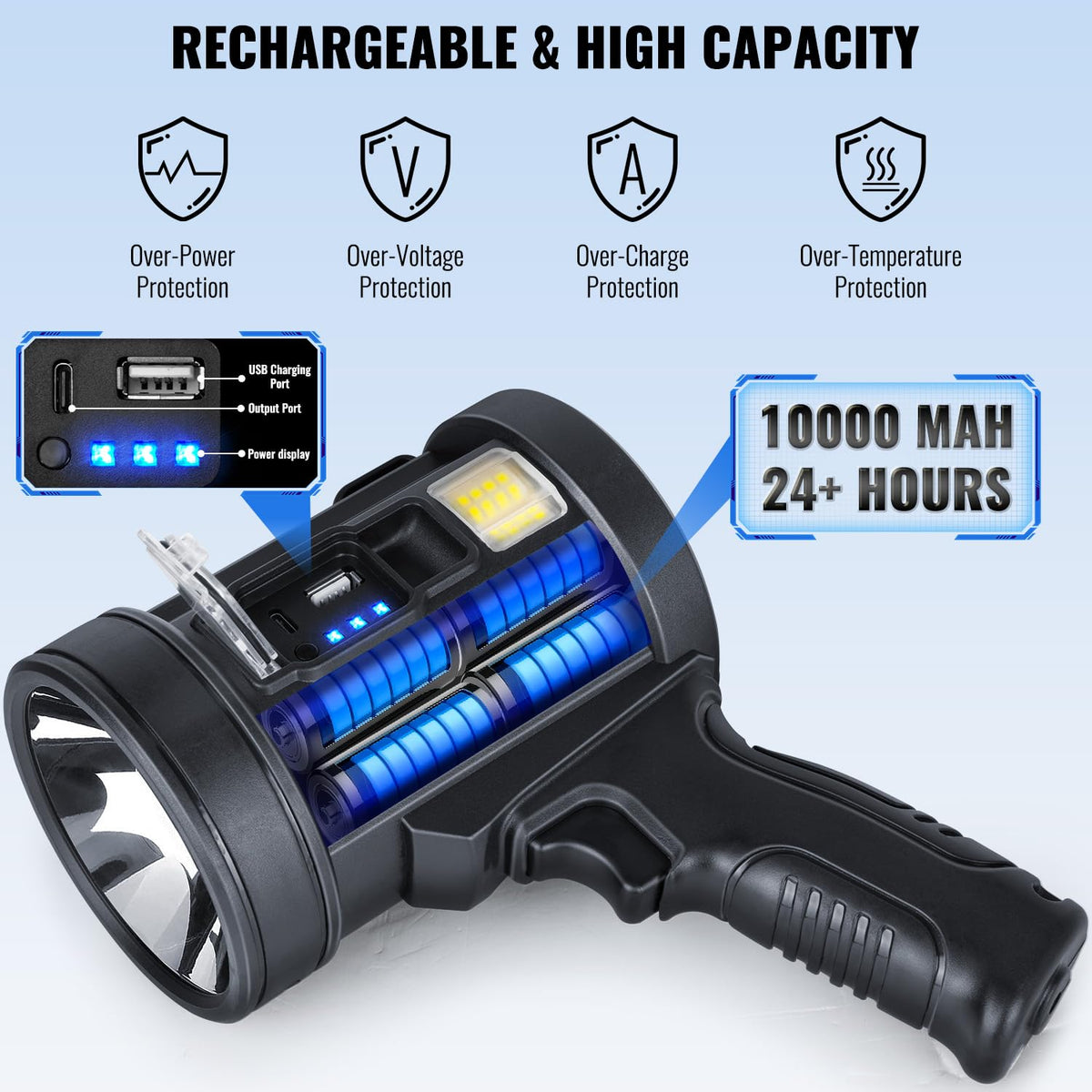 Sigoobal rechargeable spotlight beam-illuminated demonstrates wide-range coverage at night.