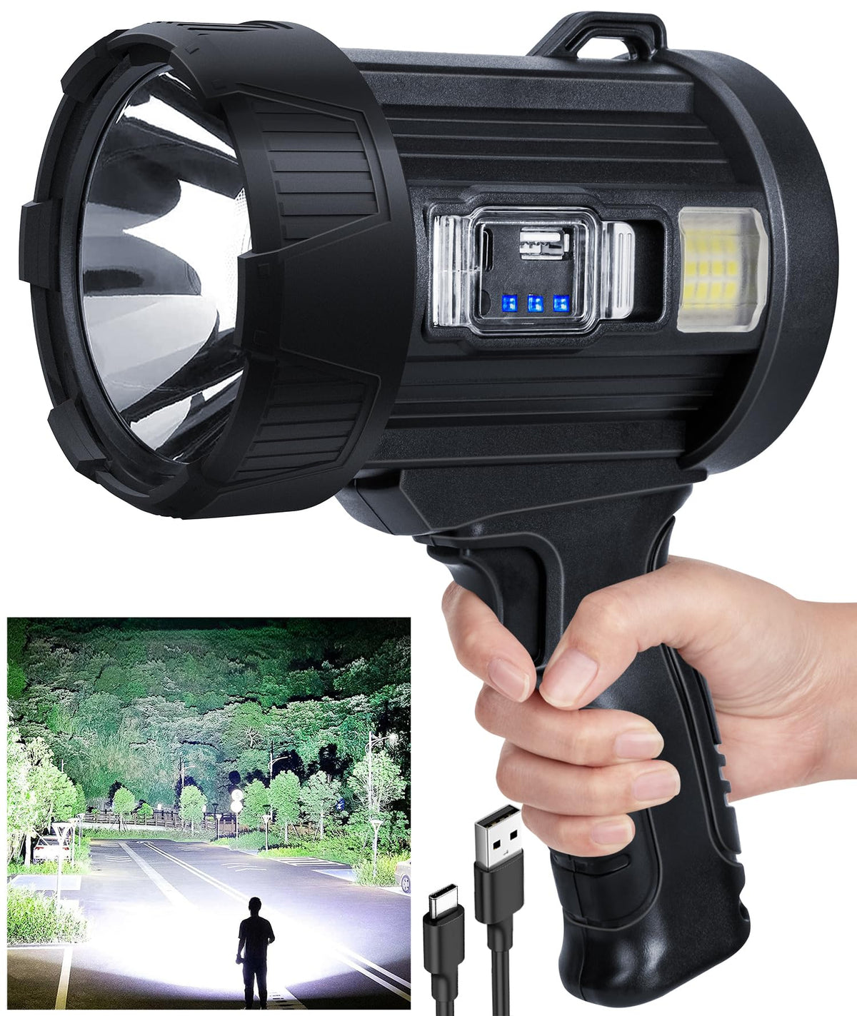 Sigoobal rechargeable spotlight front view for broad outdoor illumination.