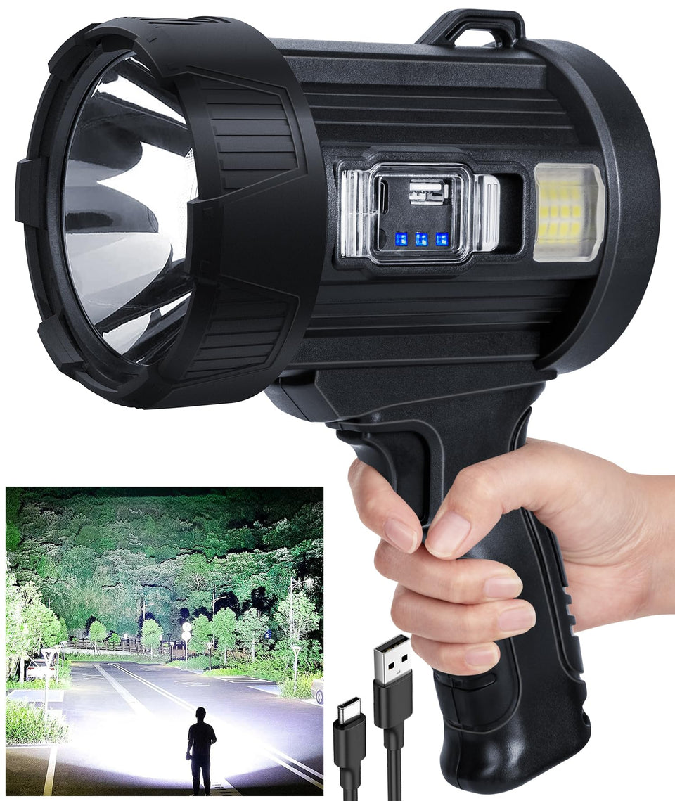 Sigoobal rechargeable spotlight front view for broad outdoor illumination.