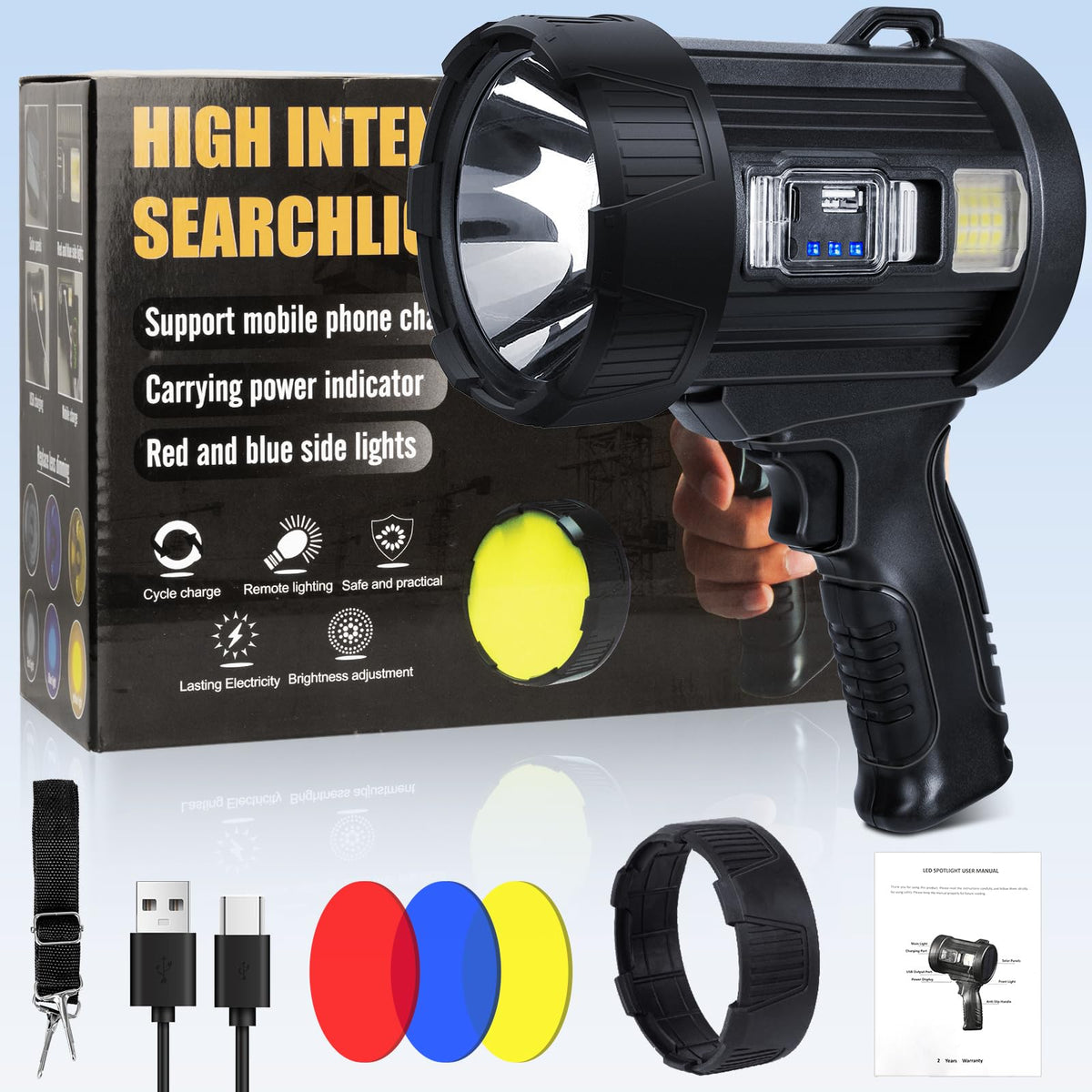 Sigoobal rechargeable spotlight with shoulder strap for outdoor mobility.