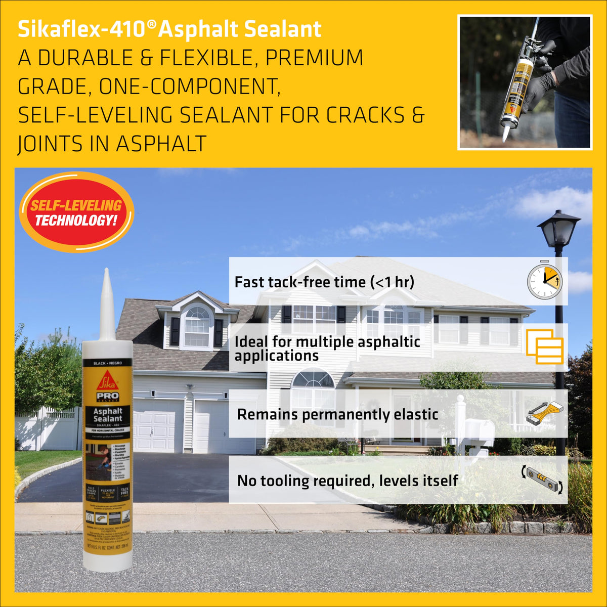 Close-up of Sikaflex-410 self-leveling spread evenly on asphalt surface