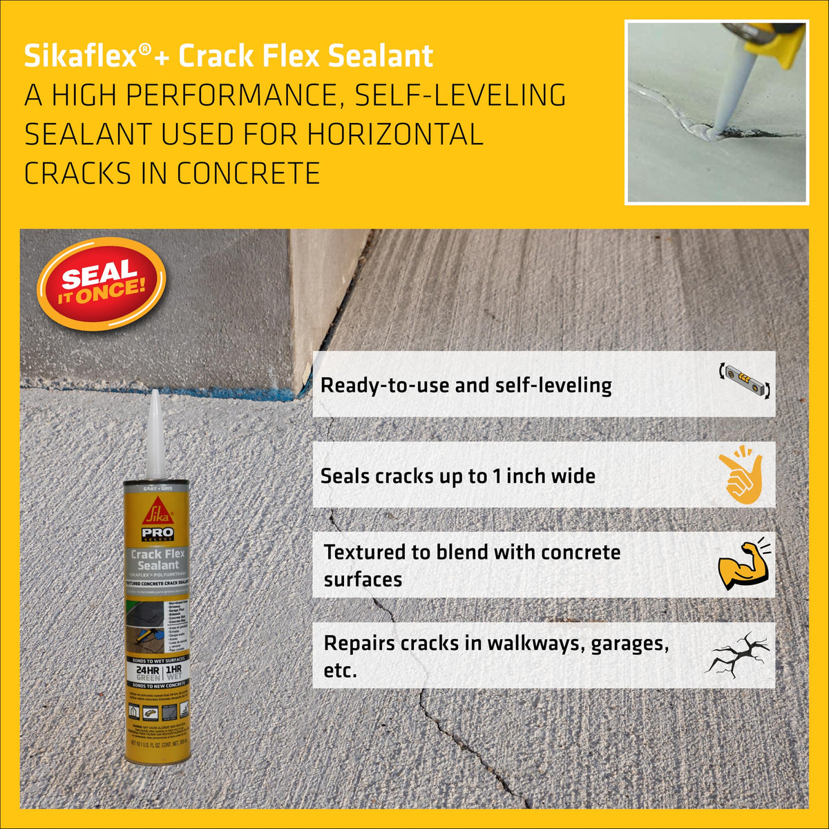 Applied Sikaflex Crack Flex sealant on a concrete crack for a smooth seal