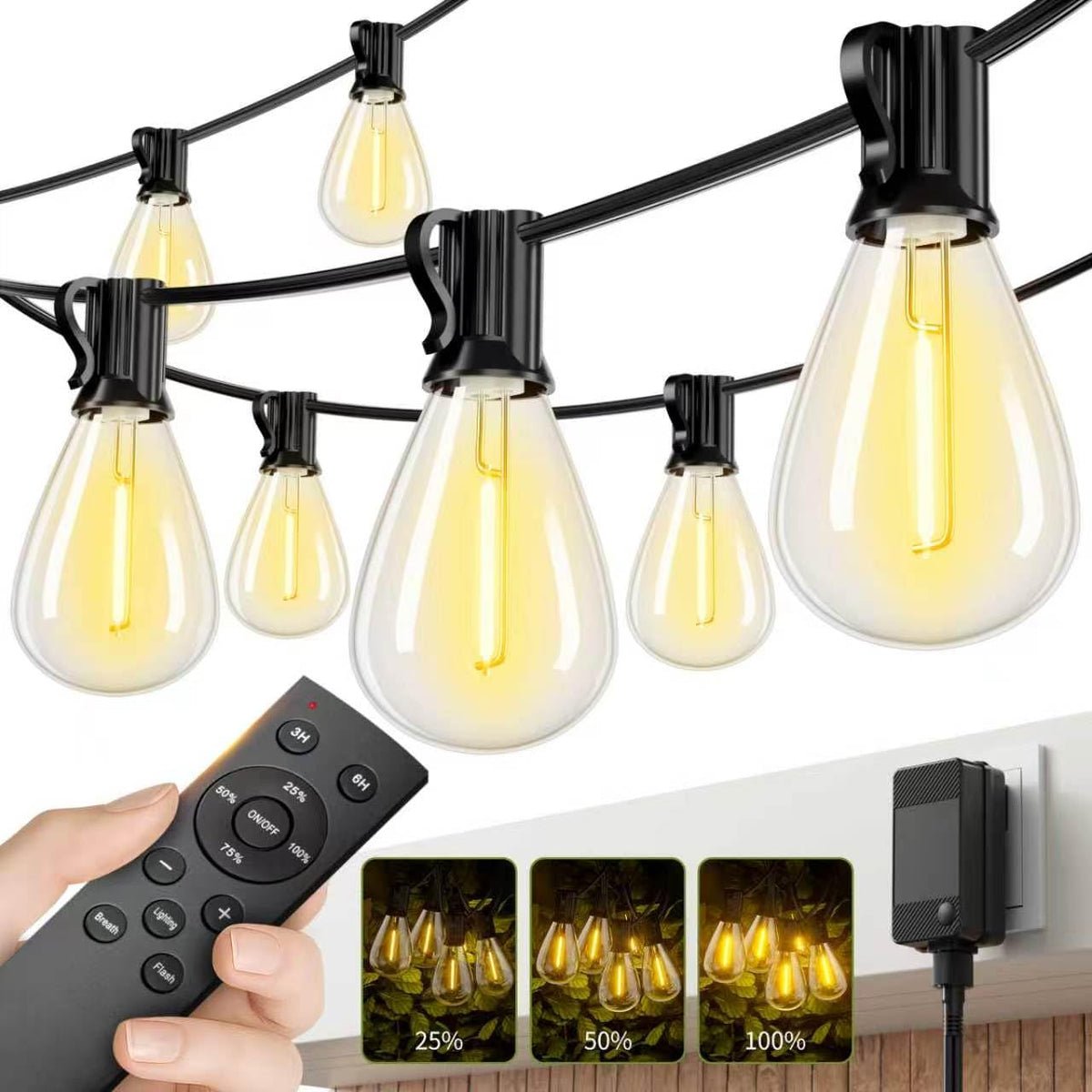 Sikitul 100ft LED outdoor string lights remote control for patio use
