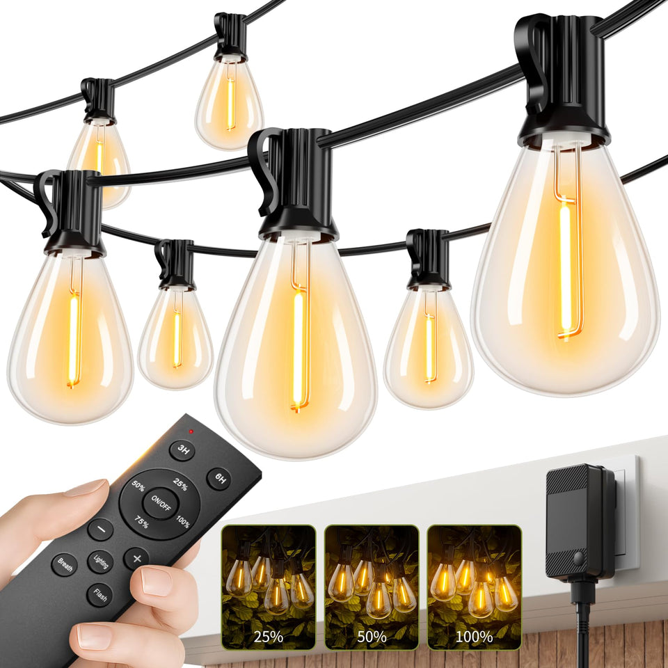Sikitul 100ft LED outdoor string lights with remote create cozy exterior ambiance.