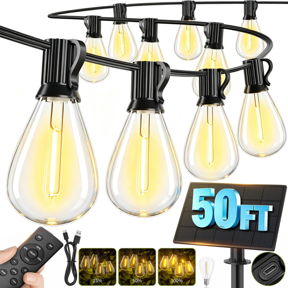 Sikitul 50ft solar string lights outdoors with warm ambiance for patio use