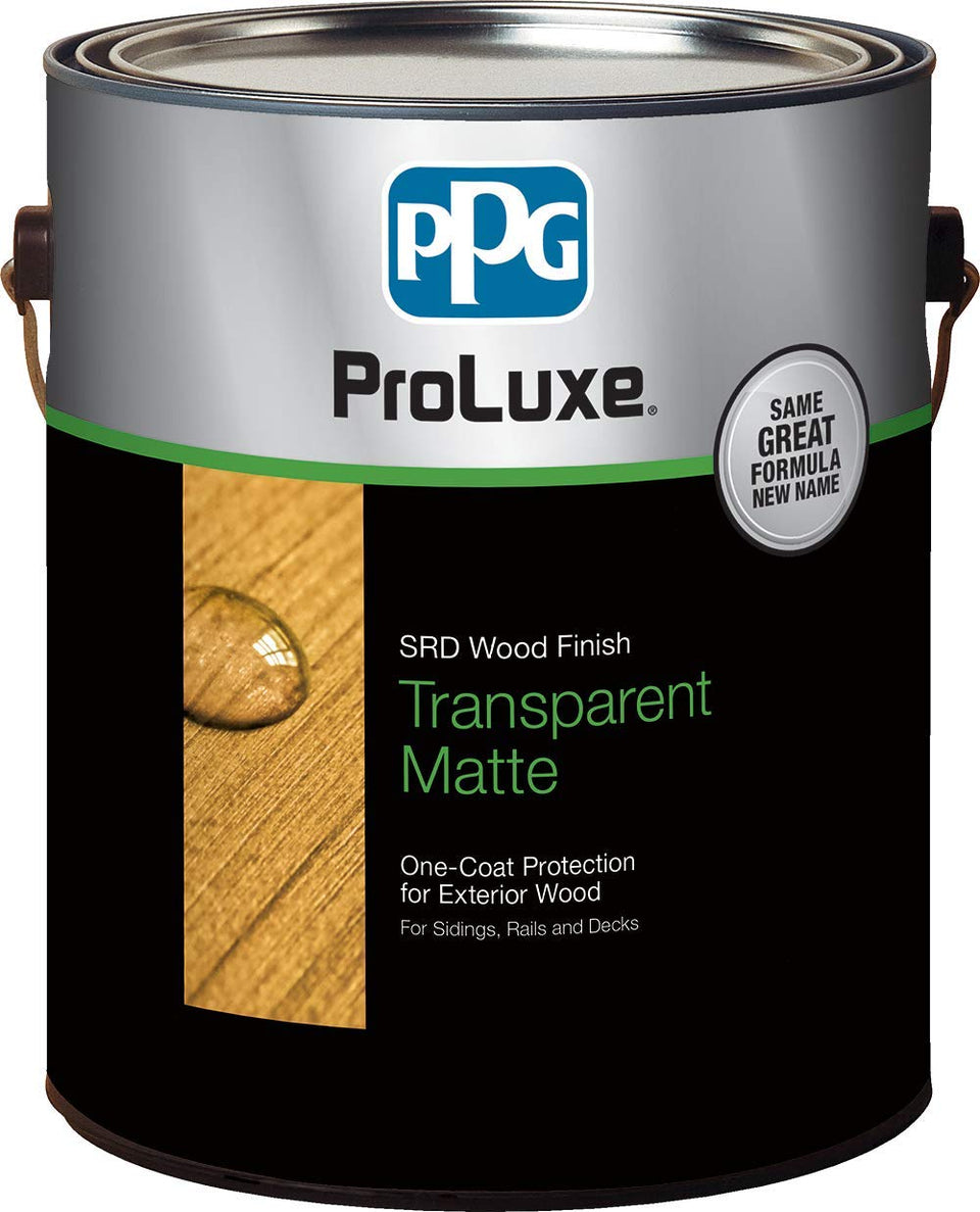 Sikkens ProLuxe SRD wood finish bottle demonstrates exterior wood protection with translucent matte look.