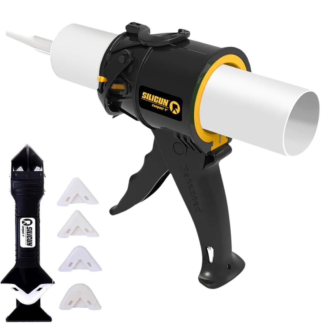 SILIGUN compact caulking gun demonstrates no drip finish for clean bathroom seams.