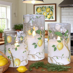 Silverstro flameless candle close-up highlights lemon leaf pattern for elegant decor.